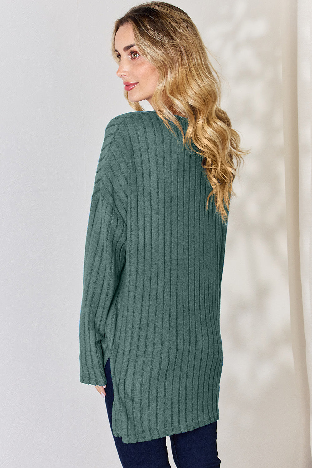 Basic Bae Full Size Ribbed Half Button Long Sleeve High-Low T-Shirt Basic Bae Full Size Ribbed Half Button Long Sleeve High-Low T-Shirt - TopFashionHQ