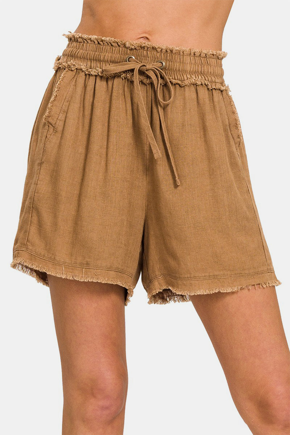Zenana Washed Linen Frayed Hem Drawstring Shorts Zenana Washed Linen Frayed Hem Drawstring Shorts