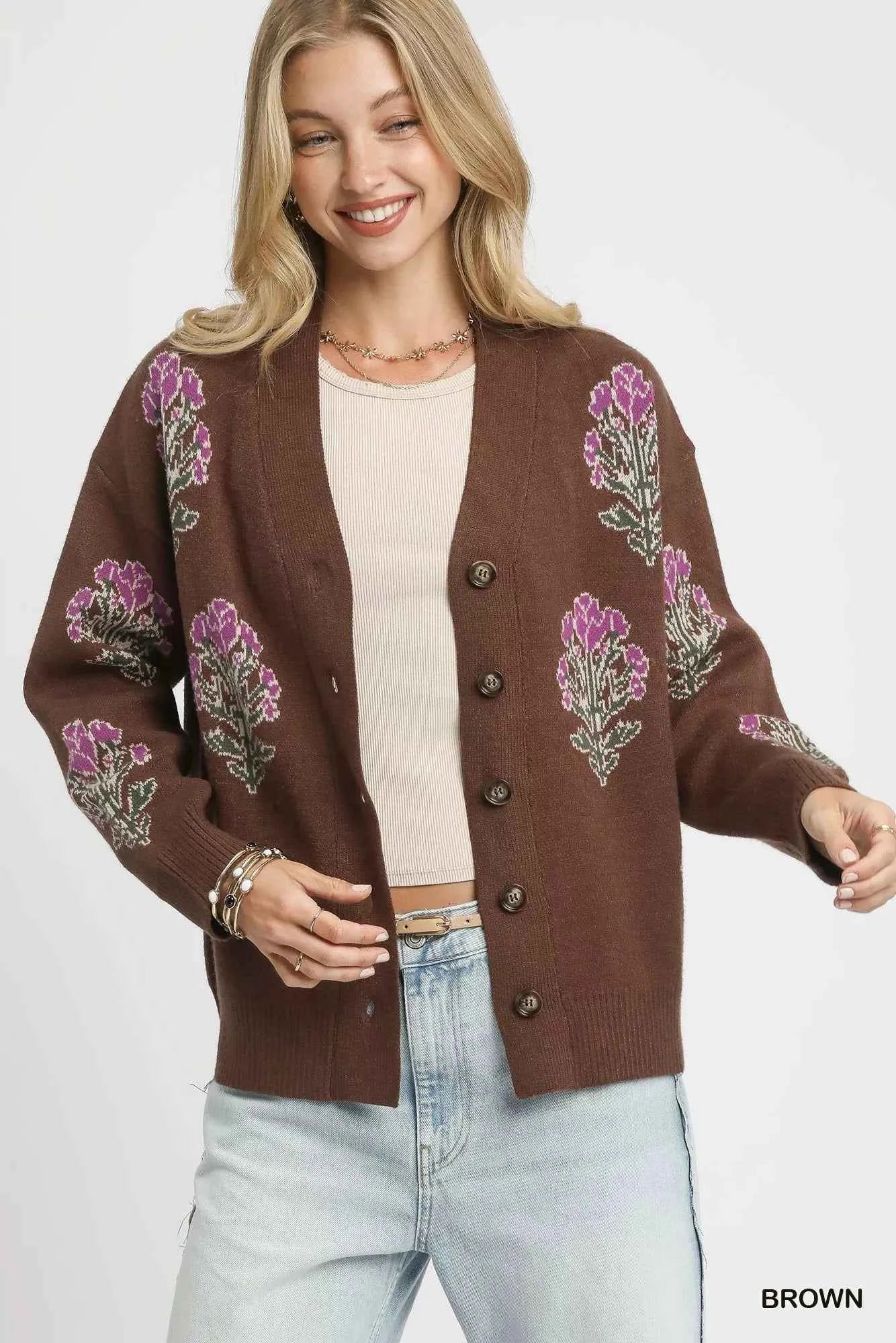 Umgee Single Flower Stem Jacquard Cardigan Sweater Umgee Single Flower Stem Jacquard Cardigan Sweater