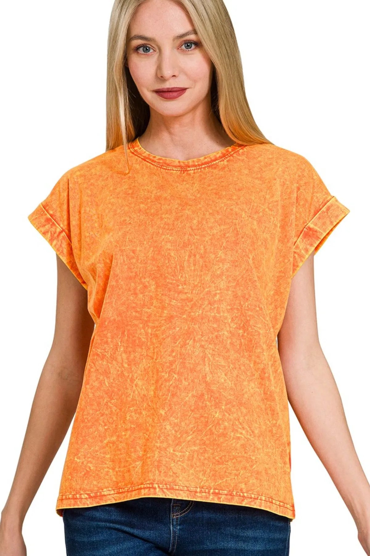 Zenana Crinkle Washed Round Neck Folded Short Sleeve Tee ca5ec2e7-4097-4d99-b5e4-642aa01b2532-Max-Origin