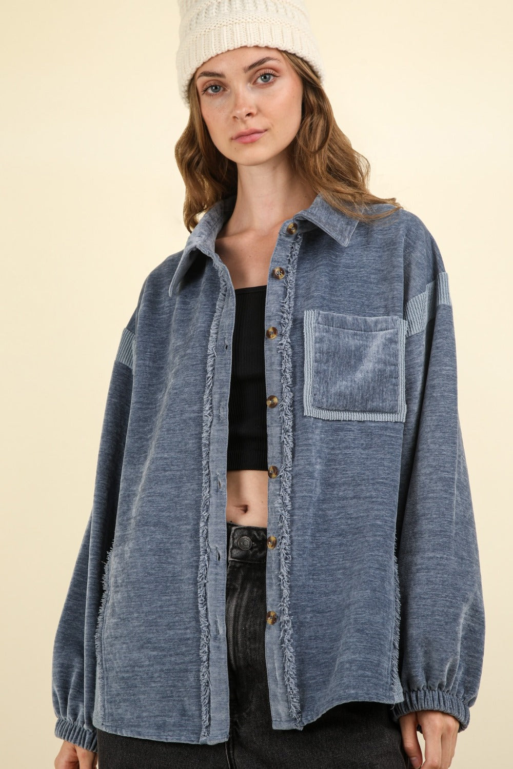 VERY J Mixed Media Button Down Raw Hem Shacket VERY J Mixed Media Button Down Raw Hem Shacket - TopFashionHQ