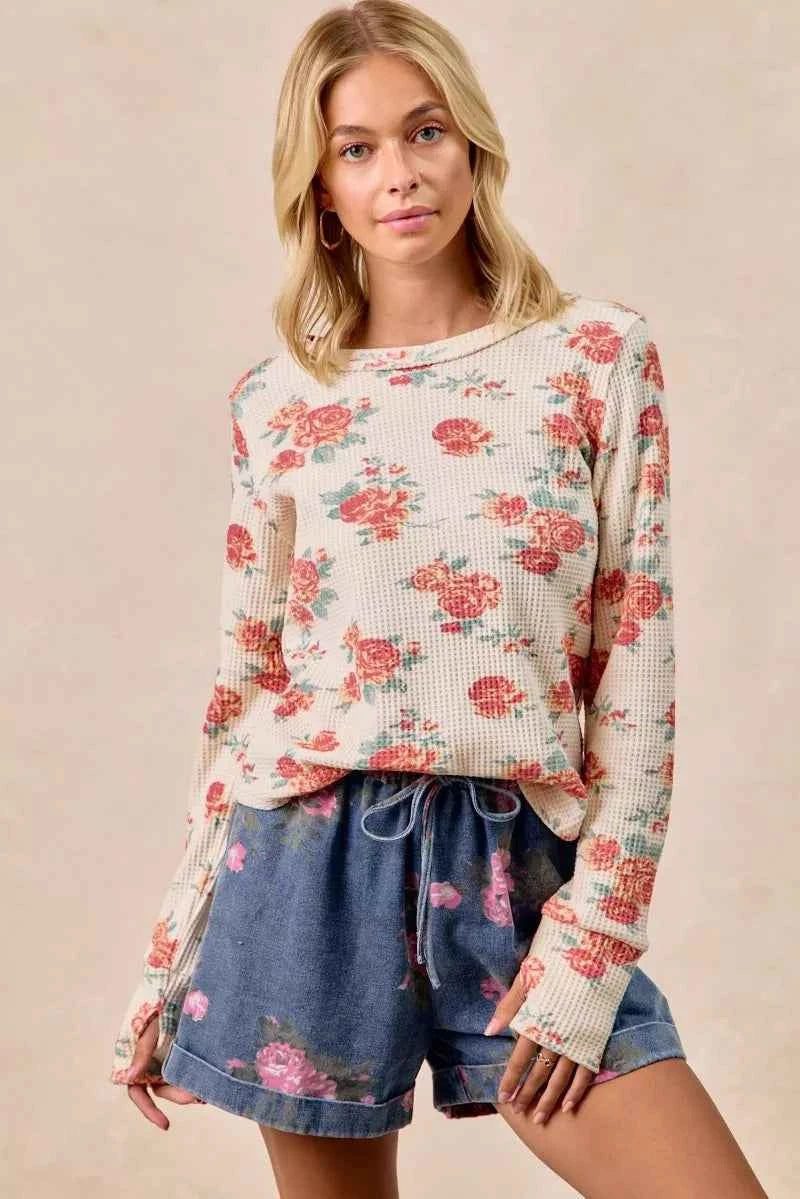 BiBi Floral Print Washed Waffle Thermal Top With Thumb BiBi Floral Print Washed Waffle Thermal Top With Thumb