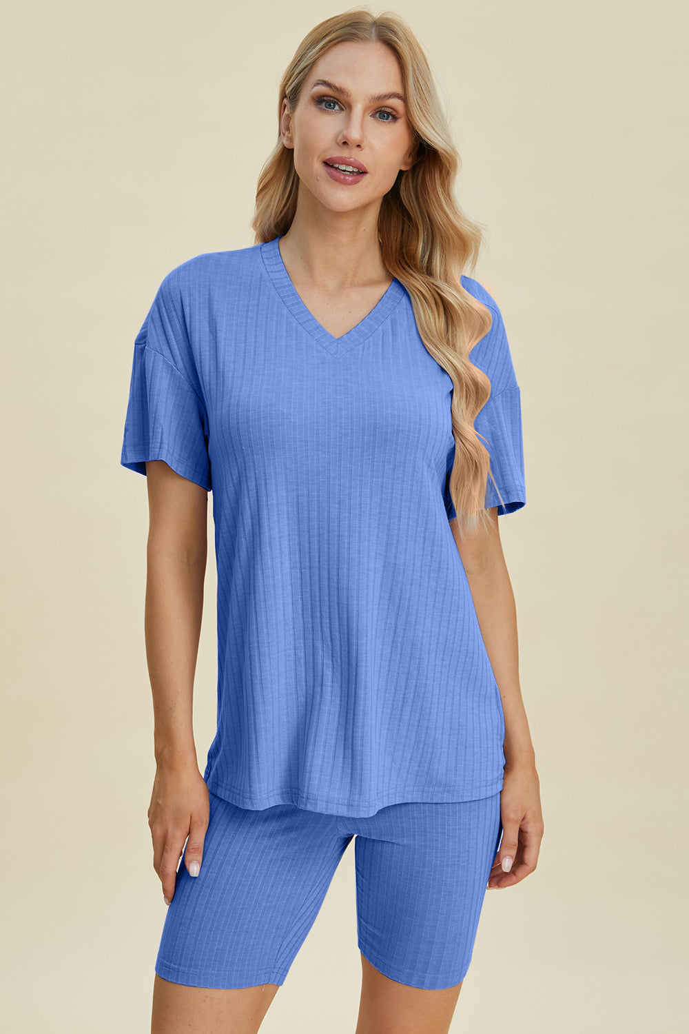 Basic Bae Full Size Ribbed V-Neck Short Sleeve Top and Shorts Set Basic Bae Full Size Ribbed V-Neck Short Sleeve Top and Shorts Set