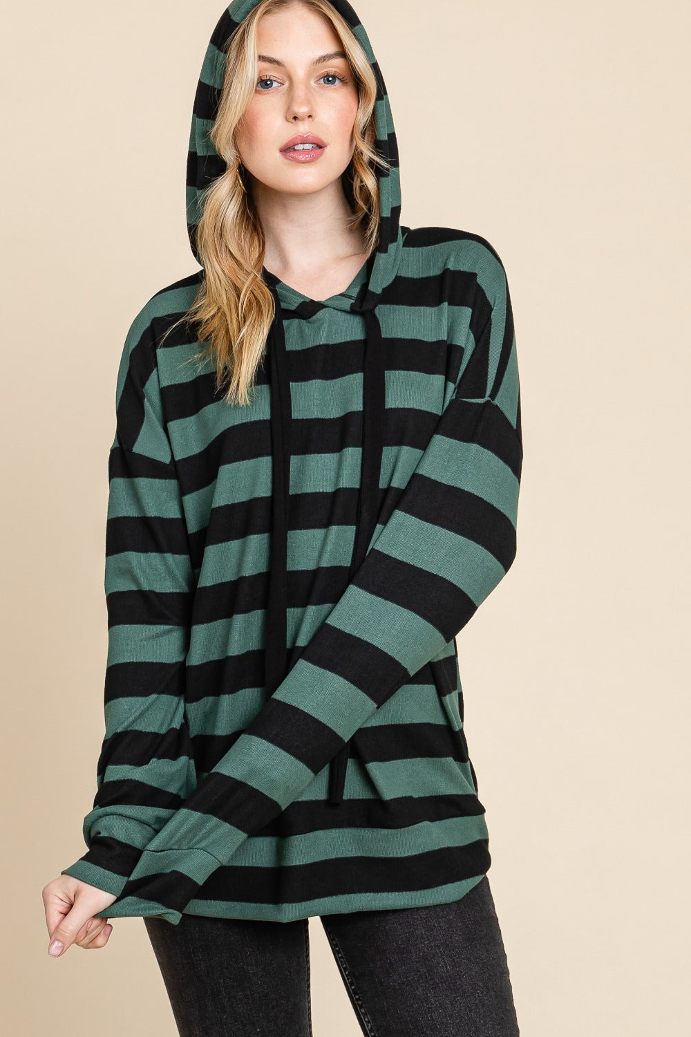 BOMBOM Drawstring Striped Dropped Shoulder Hoodie BOMBOM Drawstring Striped Dropped Shoulder Hoodie