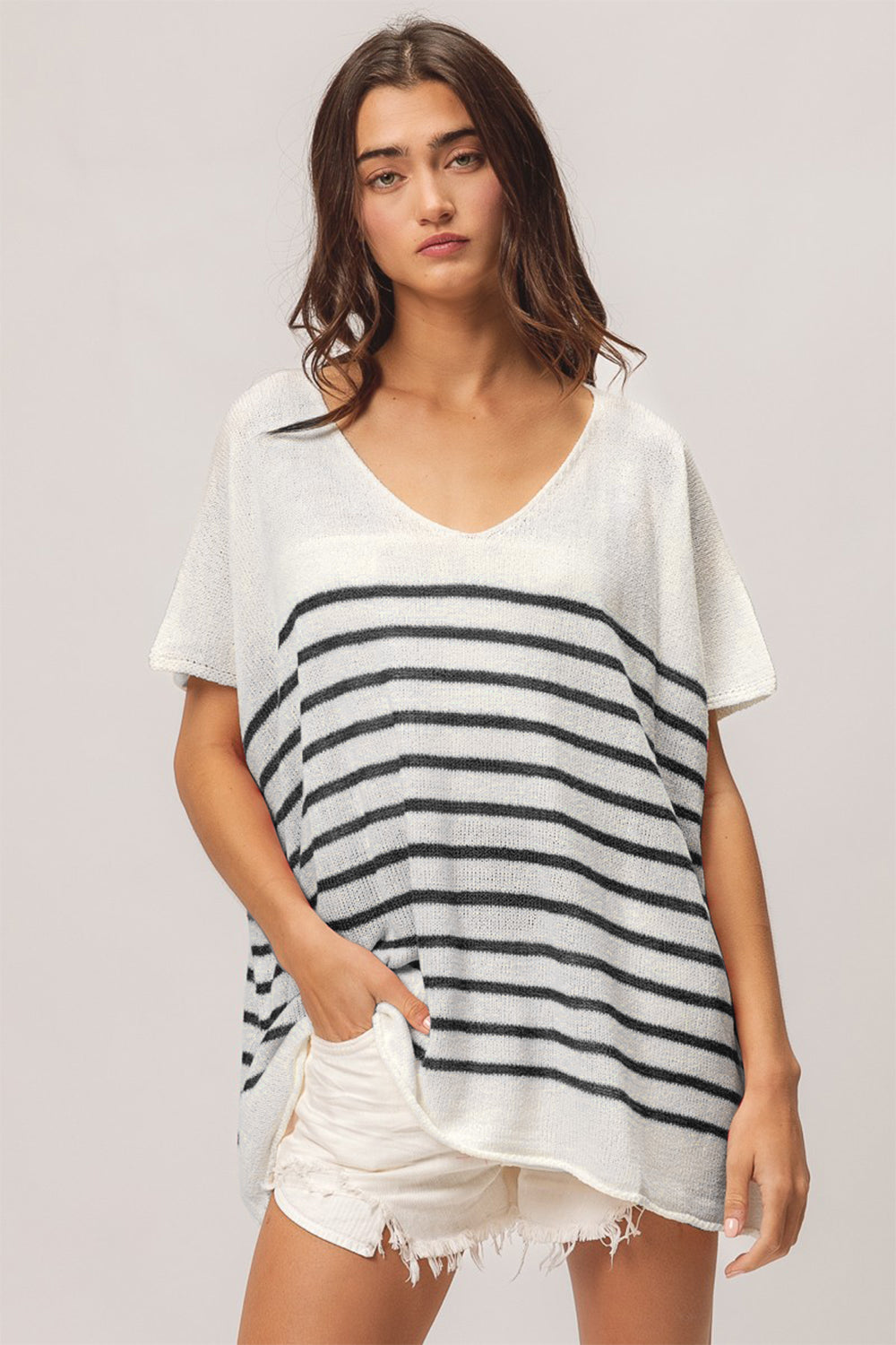 BiBi V Neck Striped Short Sleeve Top BiBi V Neck Striped Short Sleeve Top - TopFashionHQ