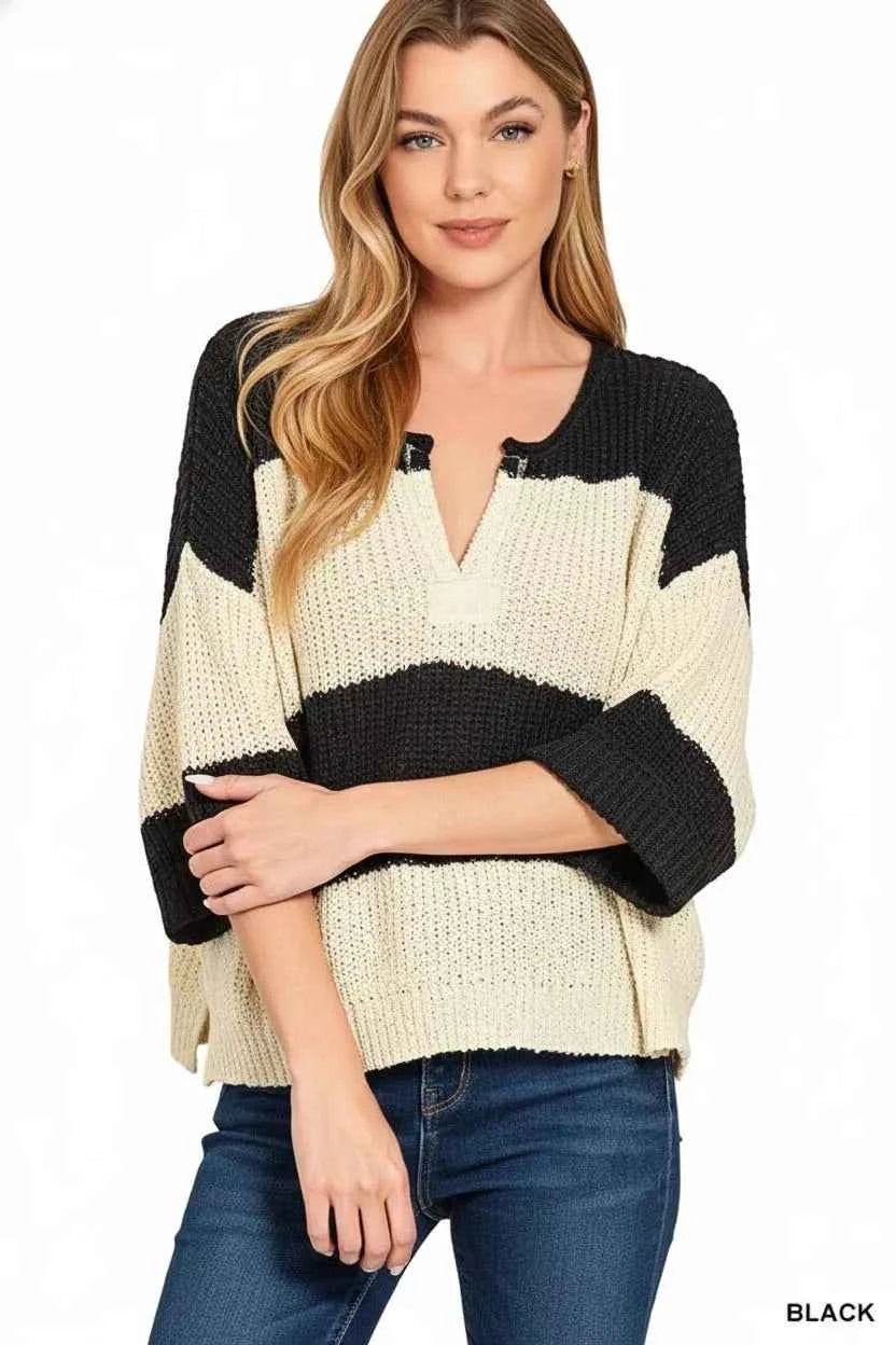 Zenana Split Neck Stripe Sweater Zenana Split Neck Stripe Sweater