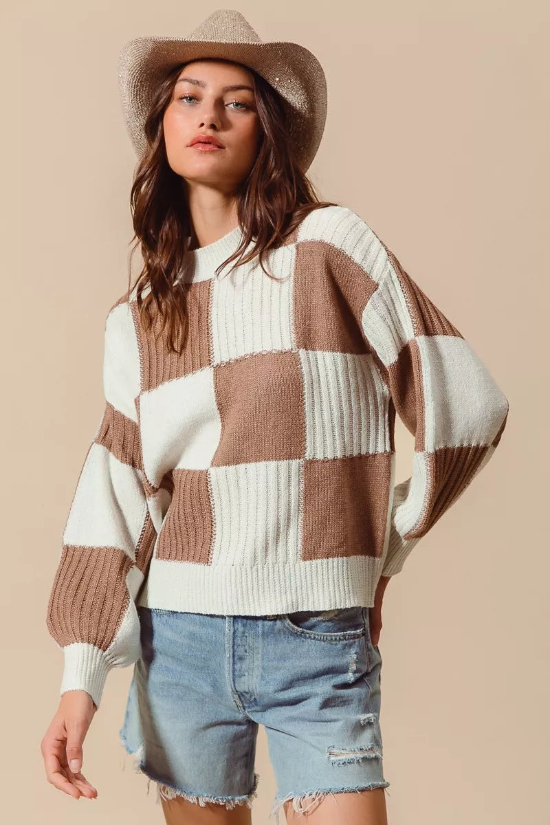 SO ME Ribbed Color Block Checkered Plaid Sweater cb2de95dae434693be86cf1b2a8f2b5d-Max-Origin