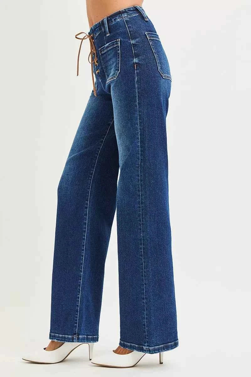 RISEN Full Size High Rise Wide Leg Jeans with Front Tie Detail Plus Size RISEN Full Size High Rise Wide Leg Jeans with Front Tie Detail Plus Size
