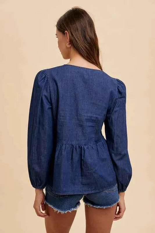Annie Wear Tie Front Peplum Long Sleeve Denim Top Annie Wear Tie Front Peplum Long Sleeve Denim Top