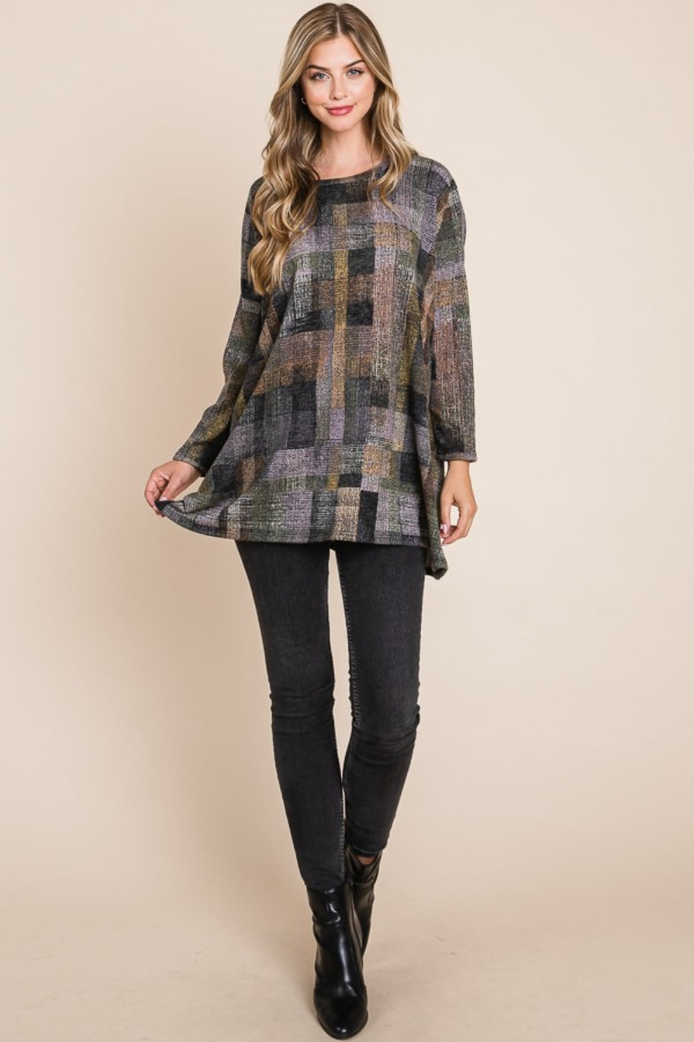 BOMBOM Plaid Round Neck Long Sleeve Top BOMBOM Plaid Round Neck Long Sleeve Top - TopFashionHQ