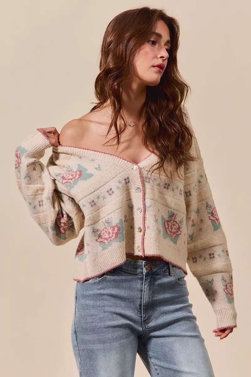 SO ME Floral Pattern Long Sleeve Button Sweater Cardigan cbc619acf7d34980a3d142bb42498d43-Max-Origin