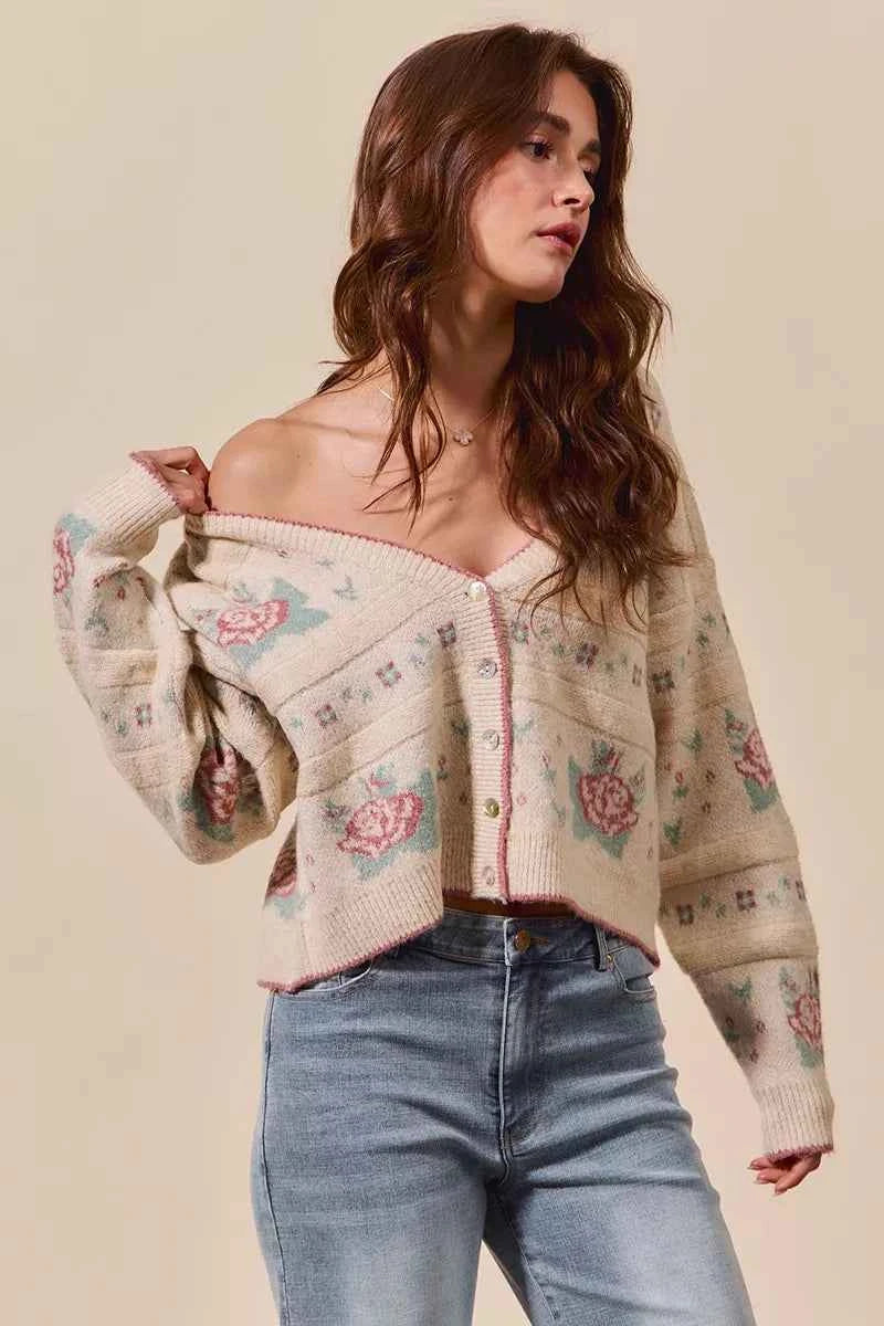 SO ME Floral Pattern Long Sleeve Button Sweater Cardigan SO ME Floral Pattern Long Sleeve Button Sweater Cardigan
