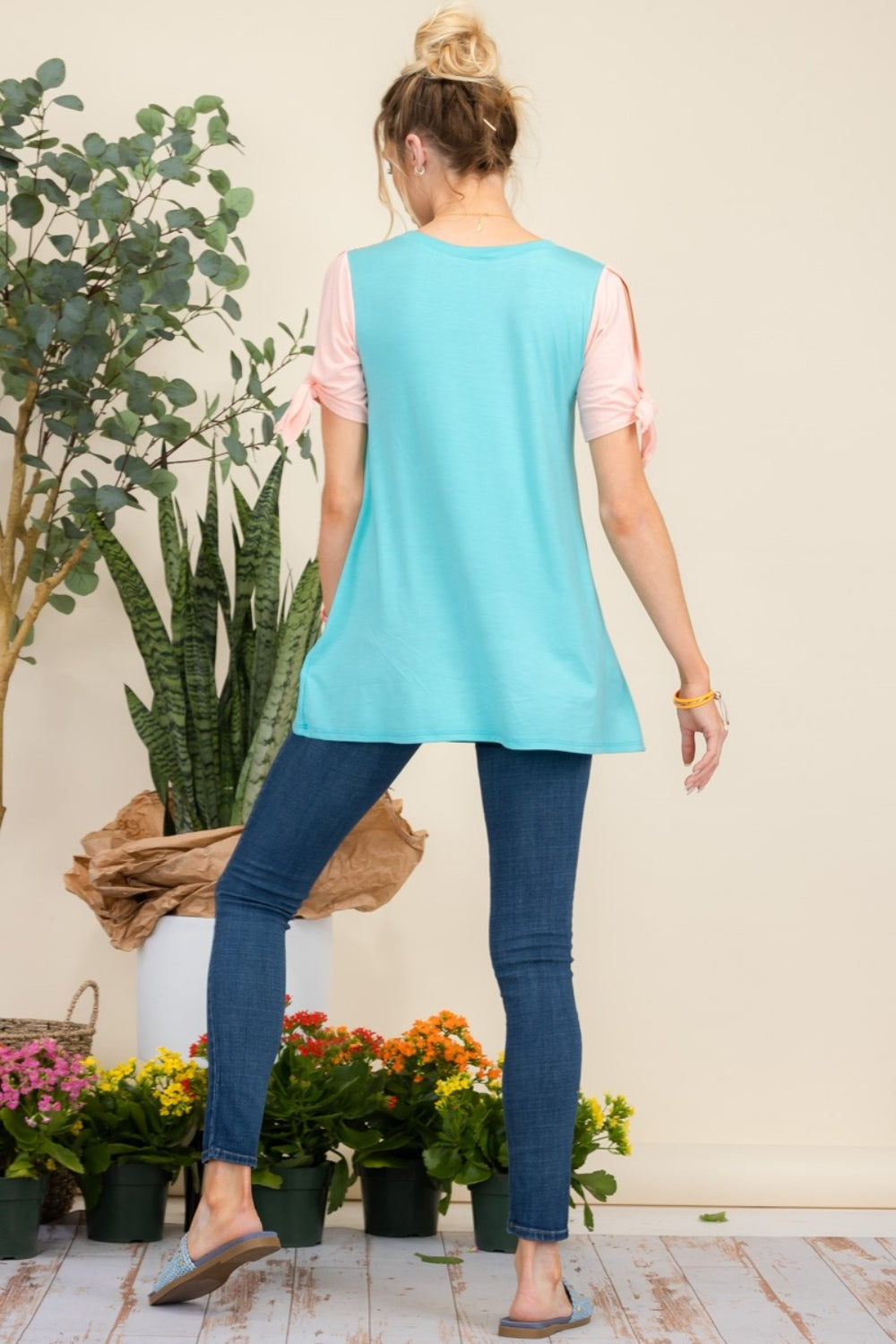 Celeste Full Size Open Tie Sleeve Floral Contrast Top Celeste Full Size Open Tie Sleeve Floral Contrast Top - TopFashionHQ