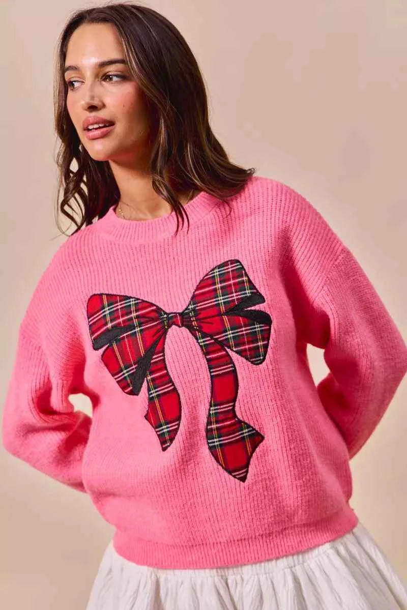SO ME Checker Plaid Ribbon Christmas Holiday Sweater SO ME Checker Plaid Ribbon Christmas Holiday Sweater