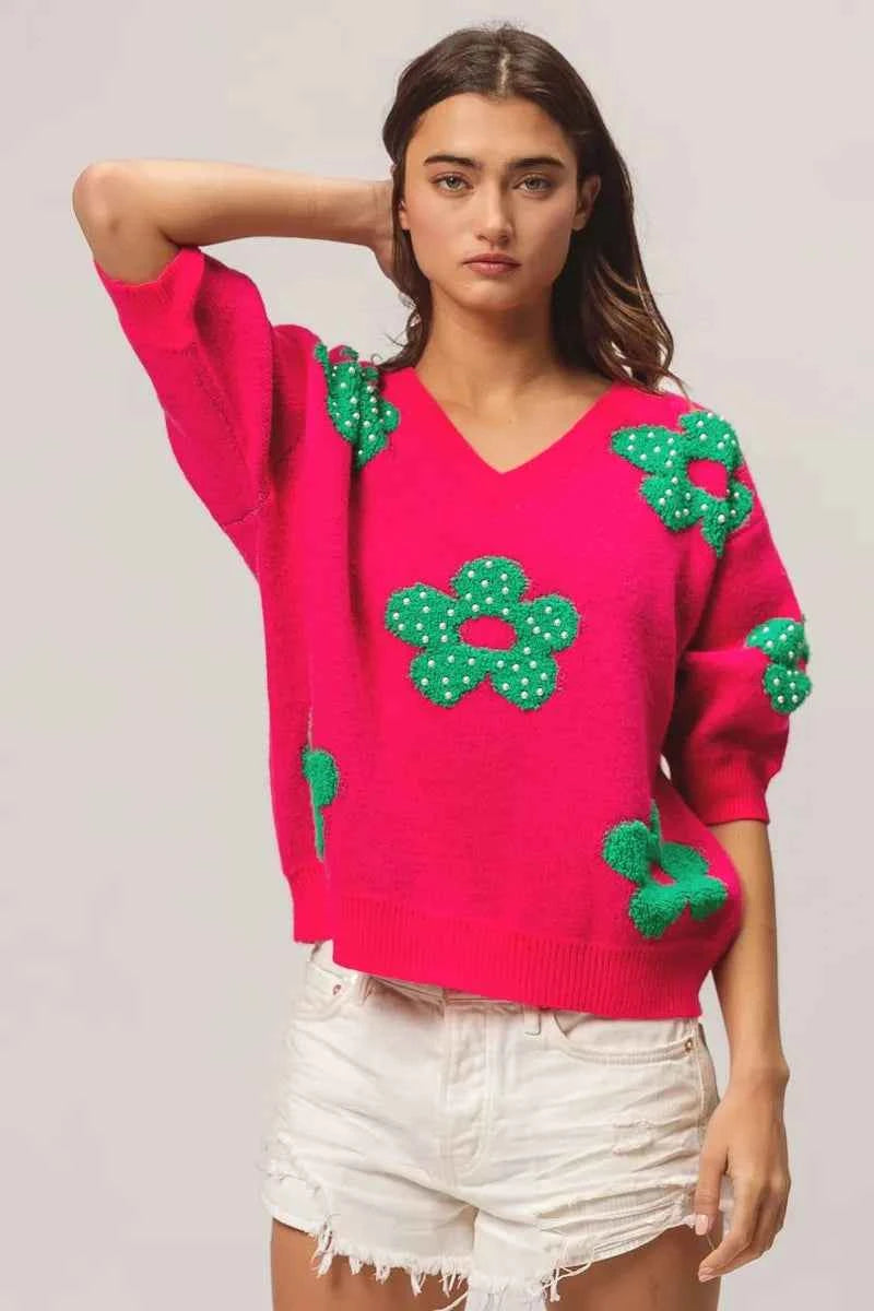 BiBi Pearl Beads Flowers Sweater Top BiBi Pearl Beads Flowers Sweater Top