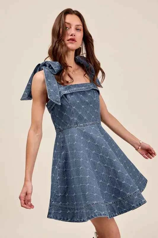 SO ME A Line Fit and Flare Diamond Bow Ribbon Denim Dres SO ME A Line Fit and Flare Diamond Bow Ribbon Denim Dres