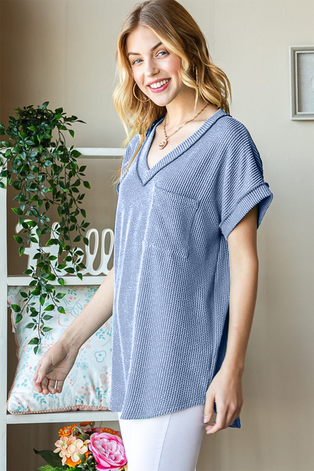 Heimish Full Size Front Pocket Short Sleeve Ribbed Top Heimish Full Size Front Pocket Short Sleeve Ribbed Top - TopFashionHQ