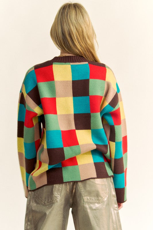 Davi & Dani Color Block Checkered Dropped Shoulder Sweater Davi & Dani Color Block Checkered Dropped Shoulder Sweater