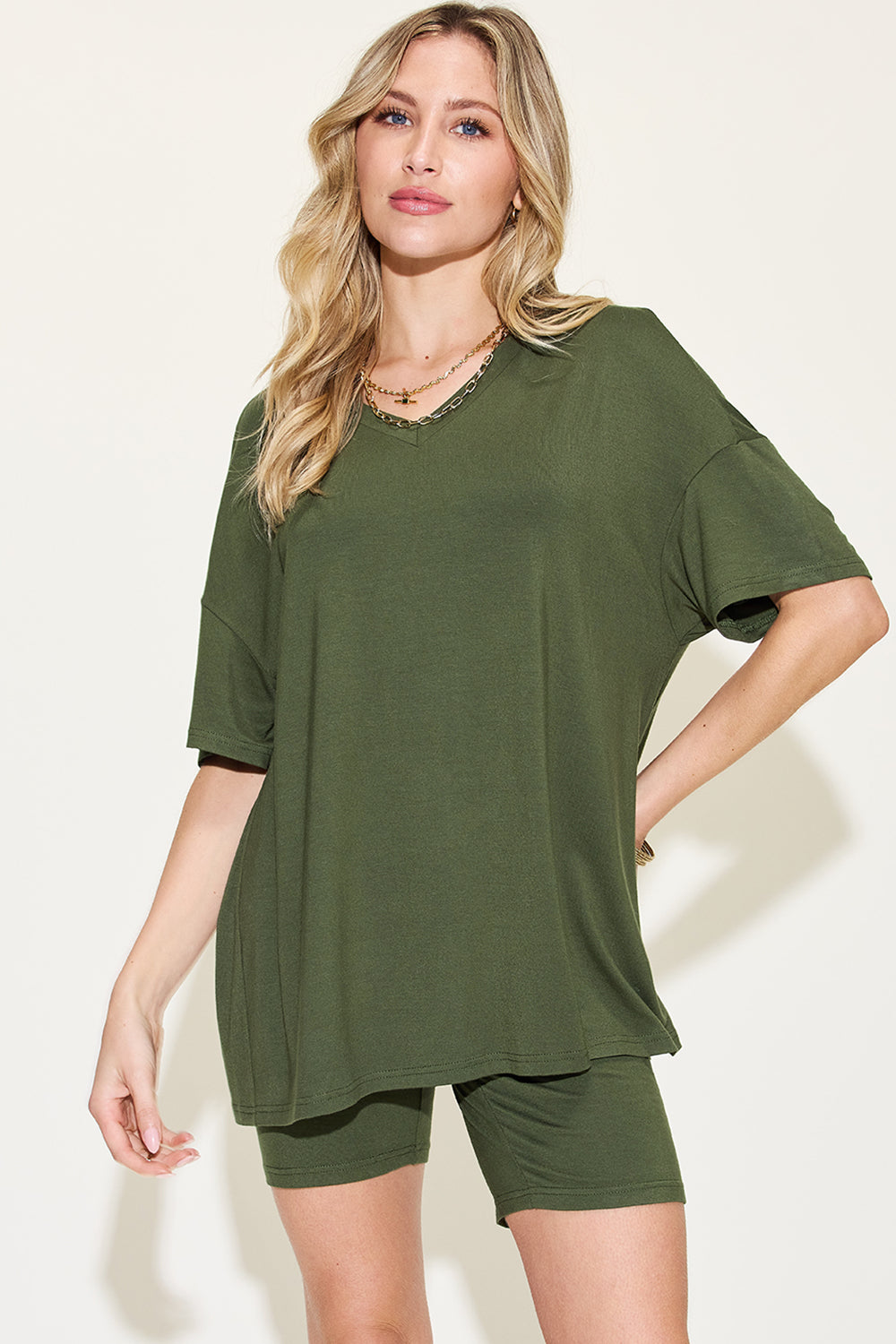 Basic Bae Full Size V-Neck Drop Shoulder T-Shirt and Shorts Set Basic Bae Full Size V-Neck Drop Shoulder T-Shirt and Shorts Set - TopFashionHQ