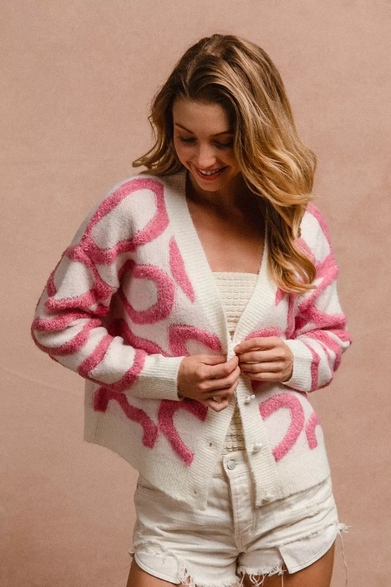 BiBi Textured Heart Buttoned V Neck Cardigan ccf1994f027641519134d7f6e0a35ab1-Max-Origin