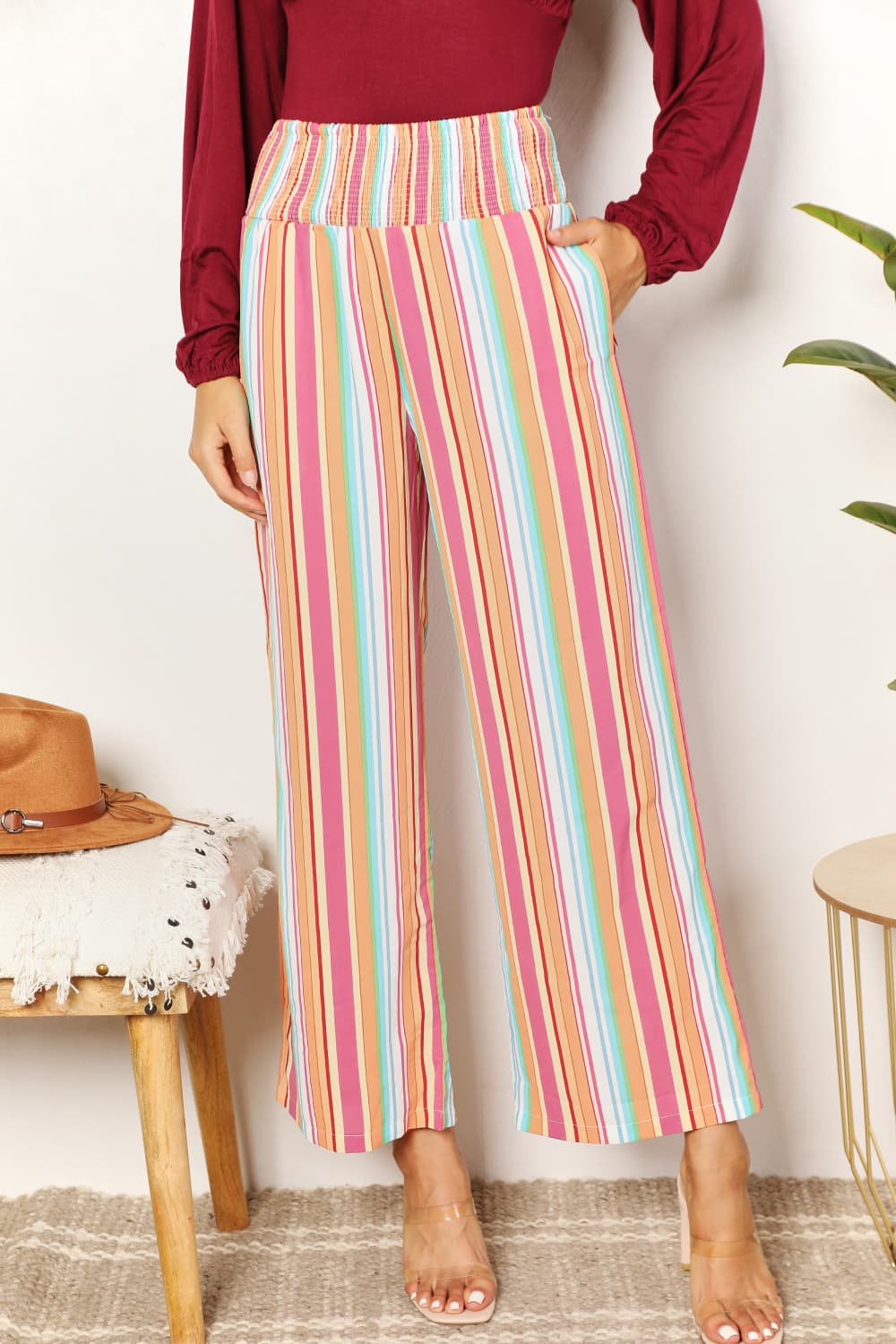 Double Take Striped Smocked Waist Pants with Pockets Double Take Striped Smocked Waist Pants with Pockets - TopFashionHQ
