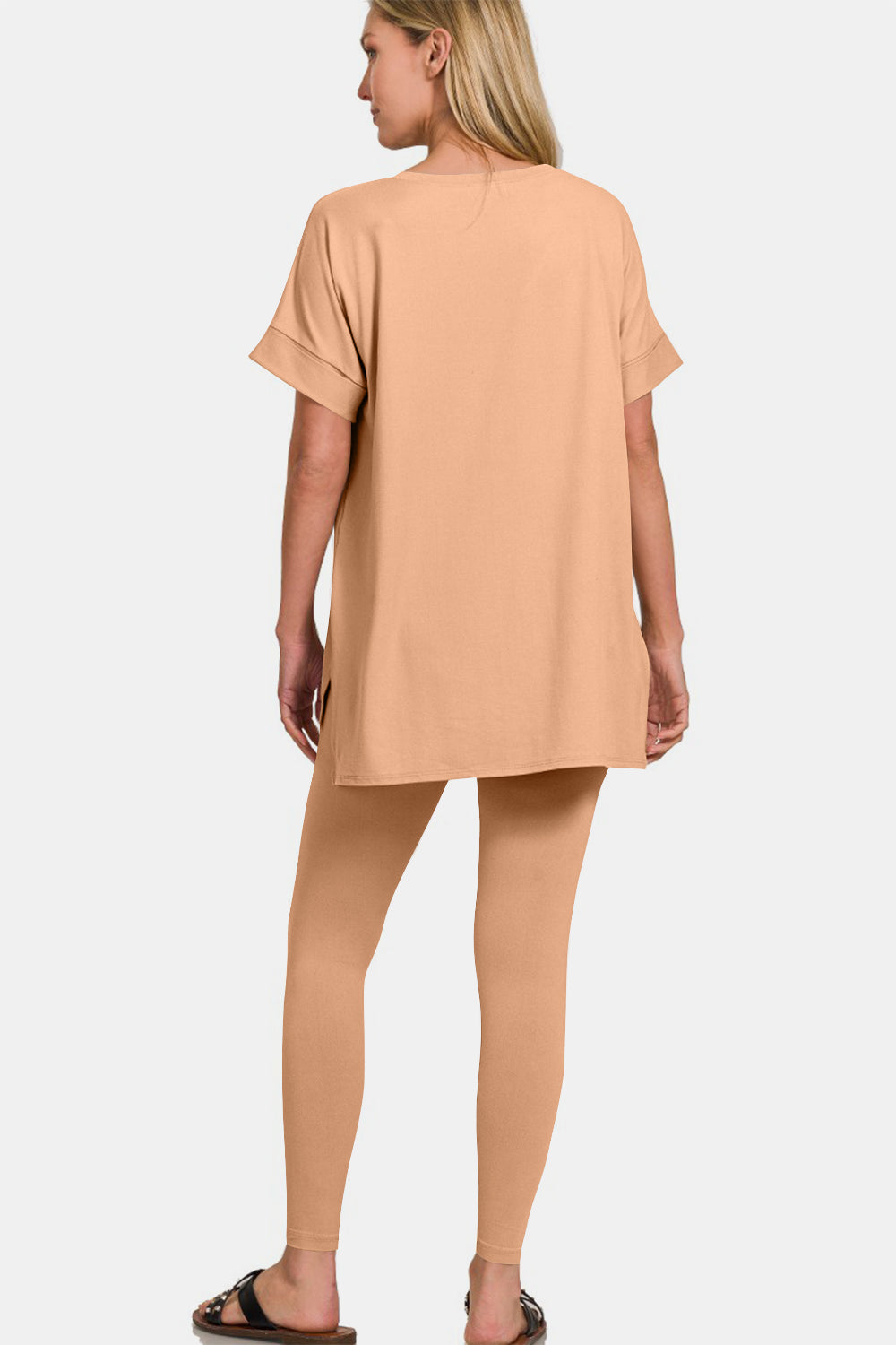 Zenana Full Size V-Neck Rolled Short Sleeve T-Shirt and Leggings Lounge Set Zenana Full Size V-Neck Rolled Short Sleeve T-Shirt and Leggings Lounge Set