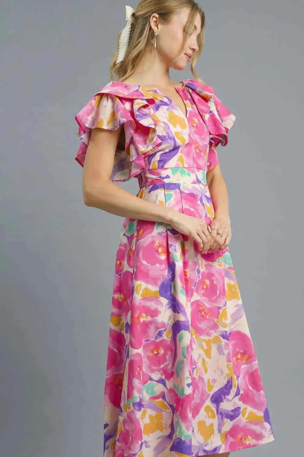Umgee Floral Ruffled Cap Sleeve Midi Dress Umgee Floral Ruffled Cap Sleeve Midi Dress