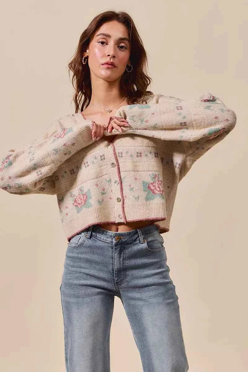 SO ME Floral Pattern Long Sleeve Button Sweater Cardigan SO ME Floral Pattern Long Sleeve Button Sweater Cardigan