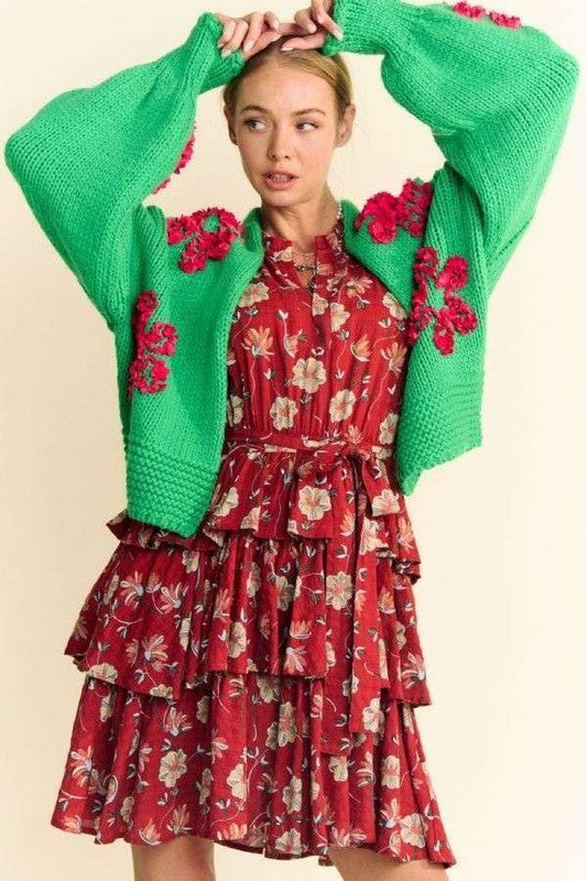 Davi & Dani Floral Applique Open Front Drop Shoulder Cardigan Davi & Dani Floral Applique Open Front Drop Shoulder Cardigan