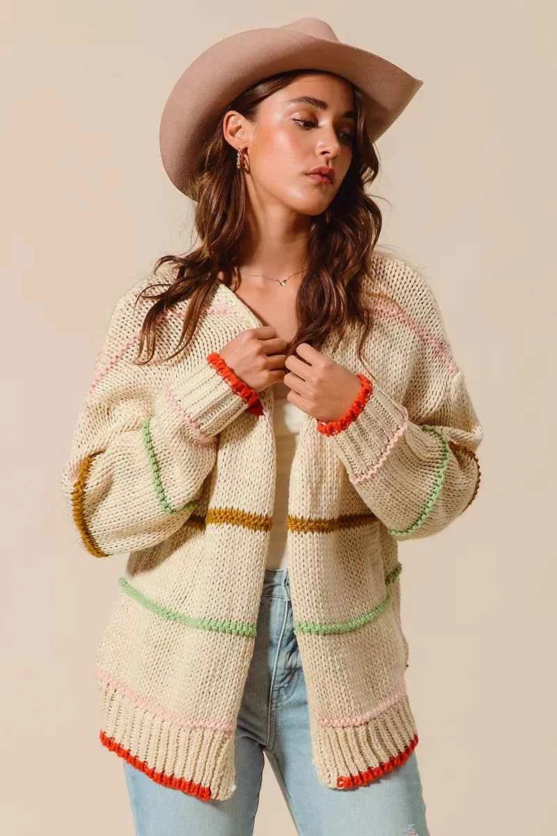 SO ME Loose Fit Multi Stripe Open Front Cardigan SO ME Loose Fit Multi Stripe Open Front Cardigan