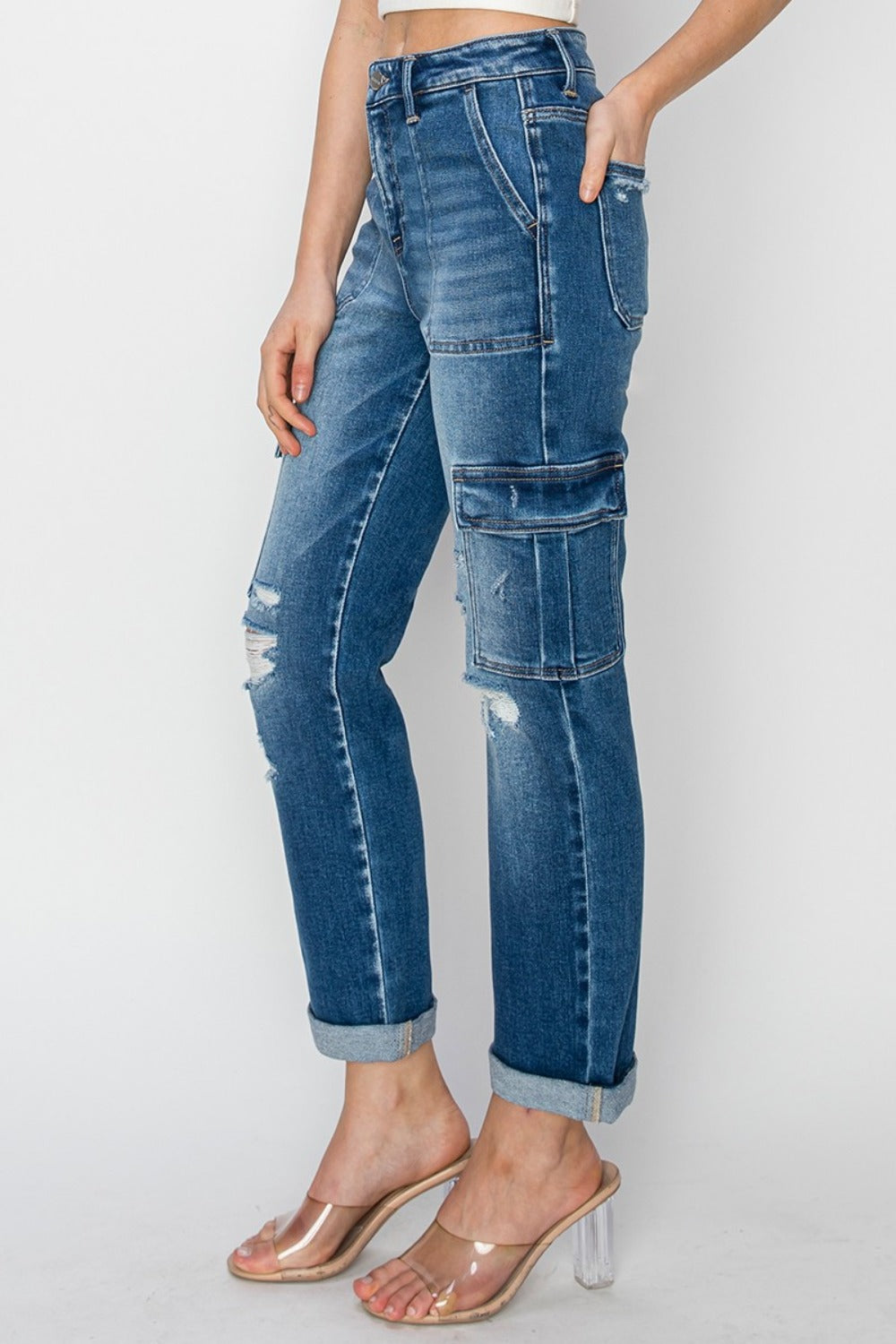 RISEN Full Size High Rise Cargo Ankle Roll Up Straight Jeans RISEN Full Size High Rise Cargo Ankle Roll Up Straight Jeans
