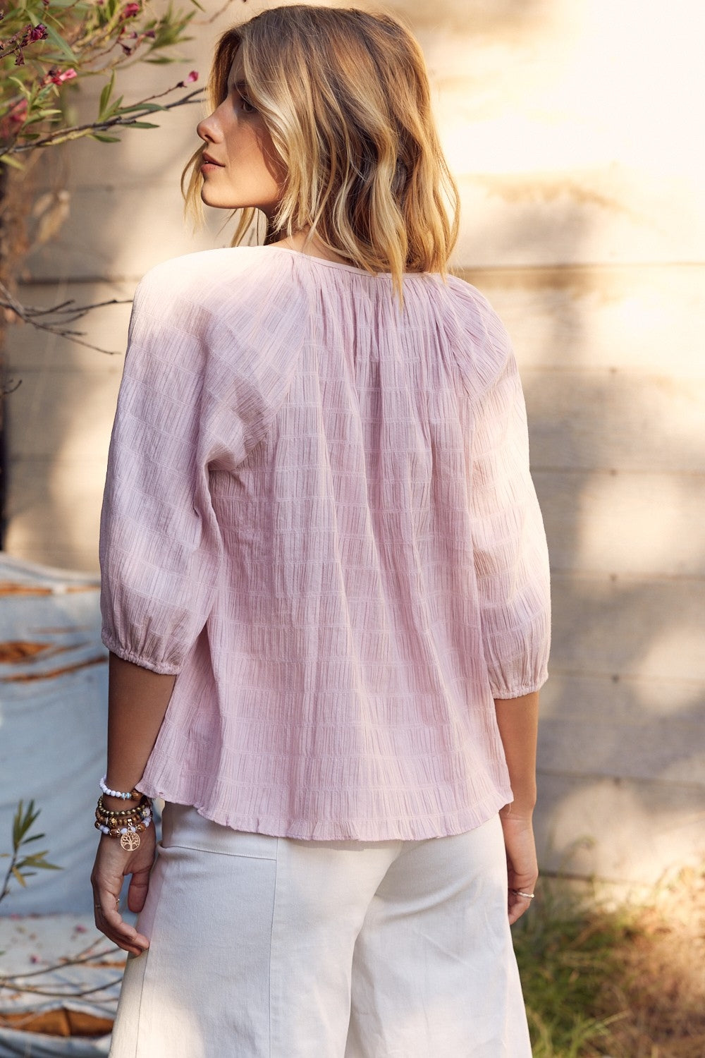 In February Textured Tie Neck Blouse In February Textured Tie Neck Blouse - TopFashionHQ