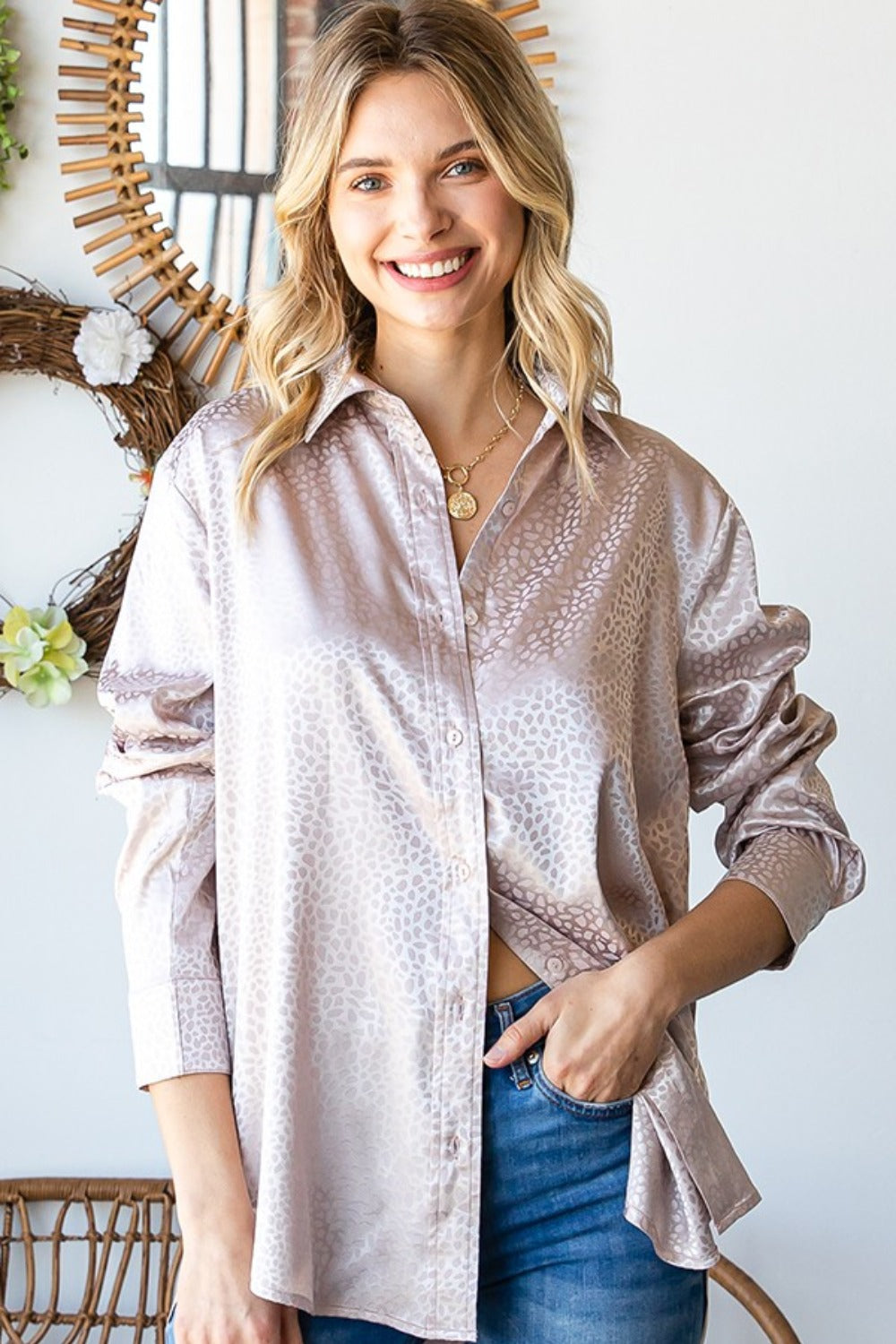 First Love Full Size Ditsy Dot Button Down Collared Satin Shirt First Love Full Size Ditsy Dot Button Down Collared Satin Shirt - TopFashionHQ