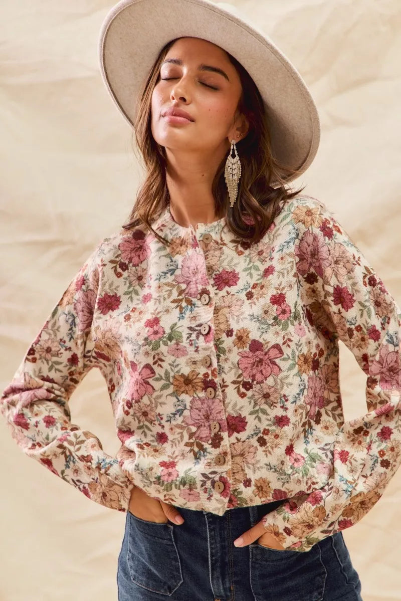 SO ME Floral Print Button Front Sweater Cardigan cd501f669ebd403791feb15c66b85509-Max-Origin