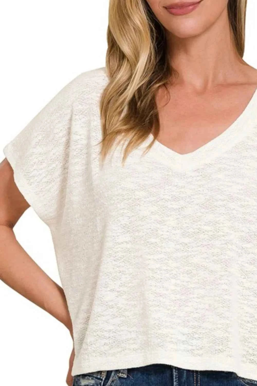 Zenana Hacci Slub V-neck Drop Shoulder Crop Top Zenana Hacci Slub V-neck Drop Shoulder Crop Top