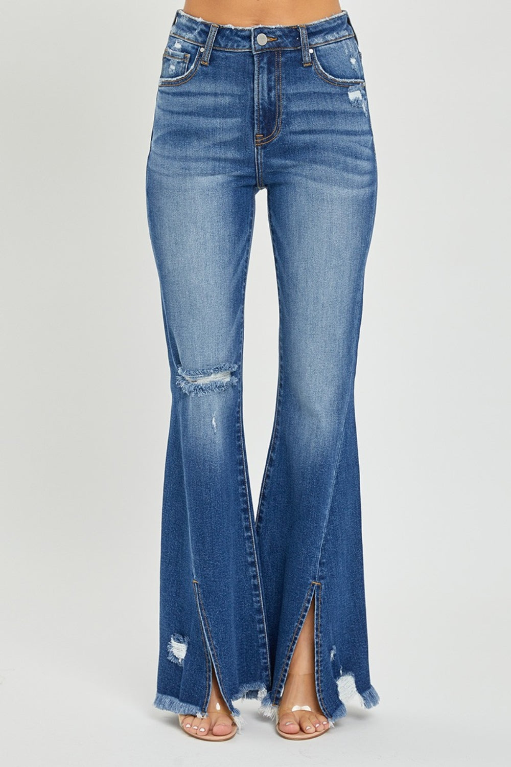 RISEN Full Size High Rise Front Slit Frayed Hem Flare Jeans RISEN Full Size High Rise Front Slit Frayed Hem Flare Jeans - TopFashionHQ