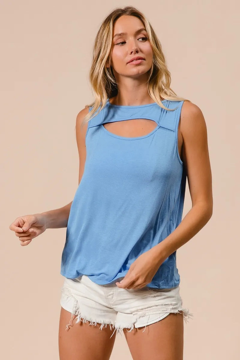 BiBi Rayon Span Knit With Cut Out Front Sleeveless Top cd73136bc6f045b98dcff36fd50b7f97-Max-Origin