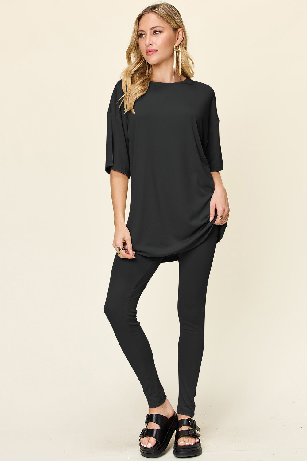Double Take Full Size Round Neck Dropped Shoulder T-Shirt and Leggings Set Double Take Full Size Round Neck Dropped Shoulder T-Shirt and Leggings Set