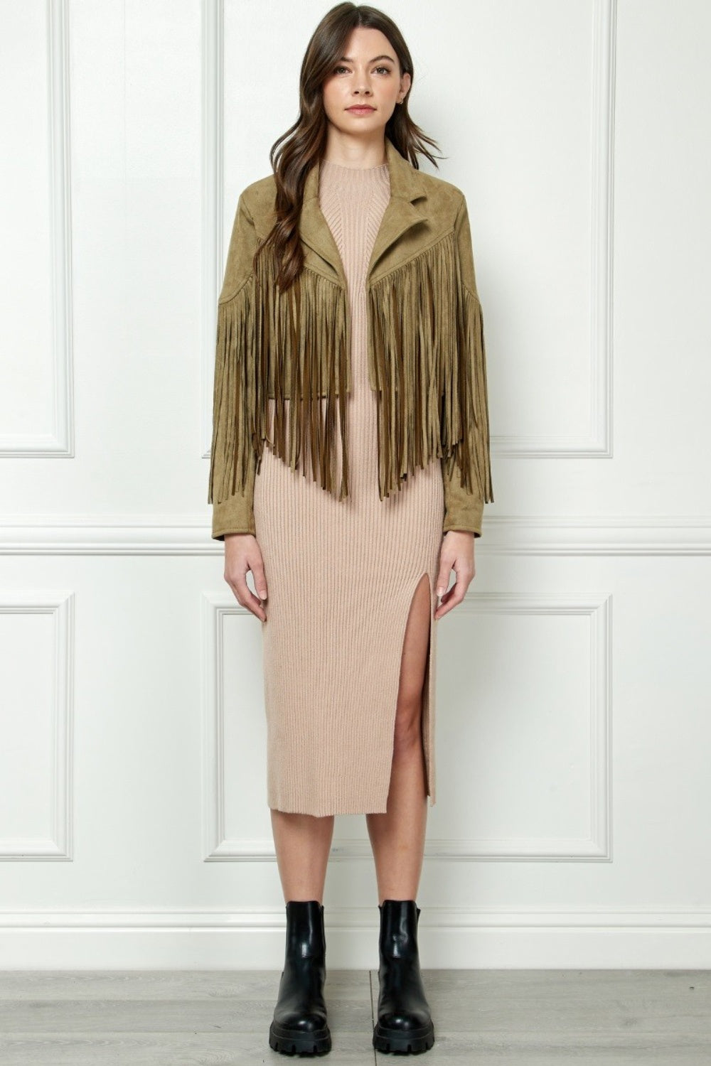 Veveret Suede Fringe Long Sleeve Moto Jacket Veveret Suede Fringe Long Sleeve Moto Jacket - TopFashionHQ