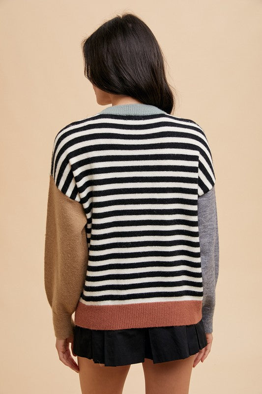 Annie Wear Striped Color Block Round Neck Sweater Annie Wear Striped Color Block Round Neck Sweater