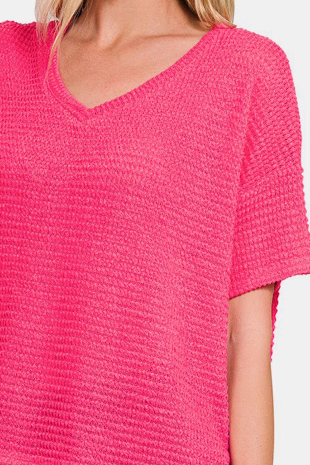 Zenana Drop Shoulder Short Sleeve Jacquard Knit Top Zenana Drop Shoulder Short Sleeve Jacquard Knit Top - TopFashionHQ
