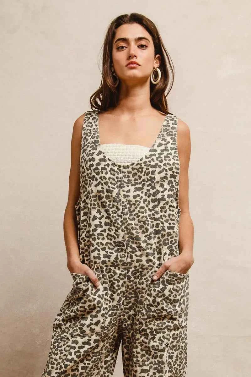 BiBi Leopard Print Adjustable Strap U Neck Jumpsuit BiBi Leopard Print Adjustable Strap U Neck Jumpsuit