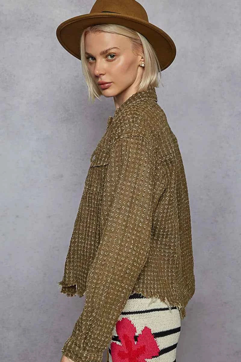 POL Raw Hem Button Up Jacket with Chest Pockets POL Raw Hem Button Up Jacket with Chest Pockets