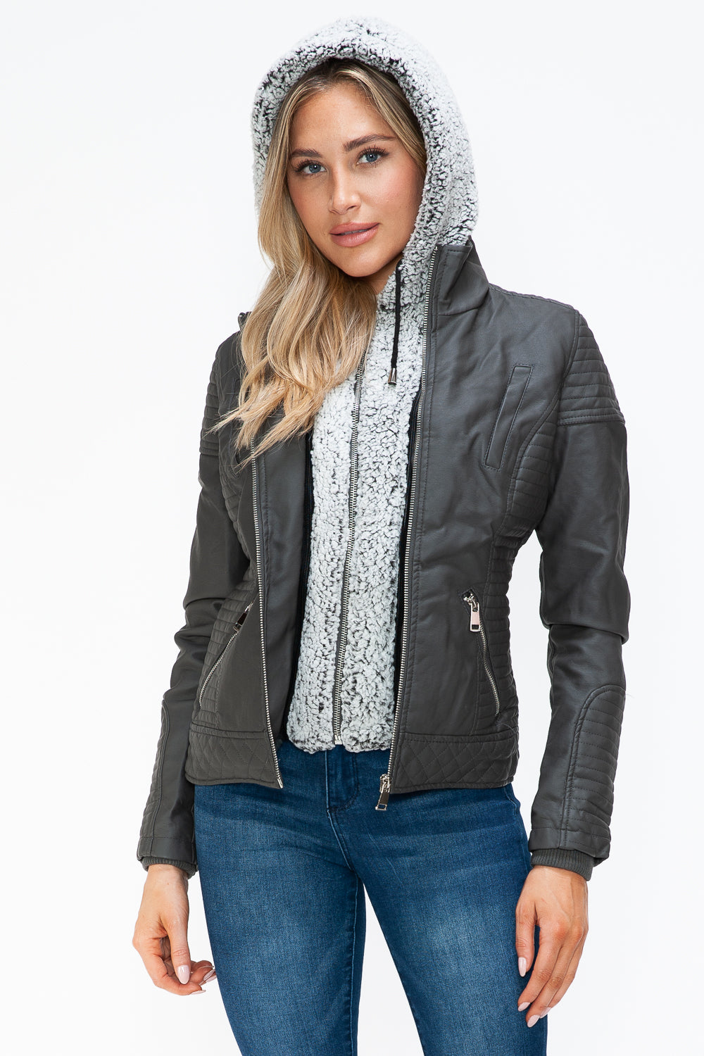 YMI Faux Layered Double-Zipper Jacket with Fuzzy Hood YMI Faux Layered Double-Zipper Jacket with Fuzzy Hood - TopFashionHQ