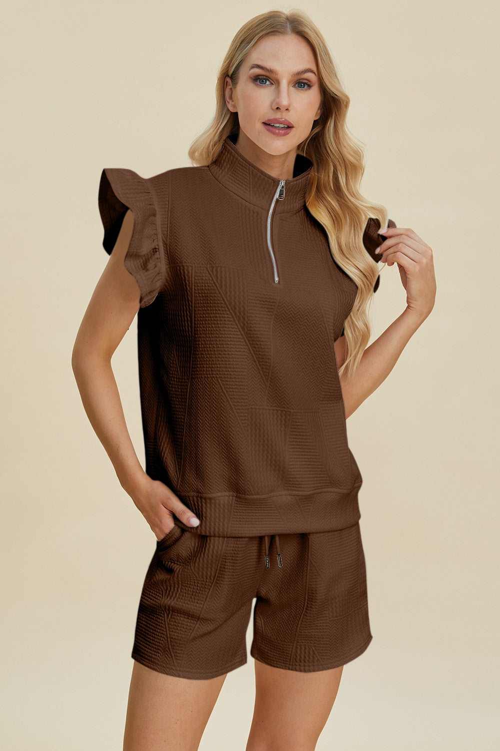 Double Take Full Size Texture Flounce Sleeve Top and Shorts Set Double Take Full Size Texture Flounce Sleeve Top and Shorts Set