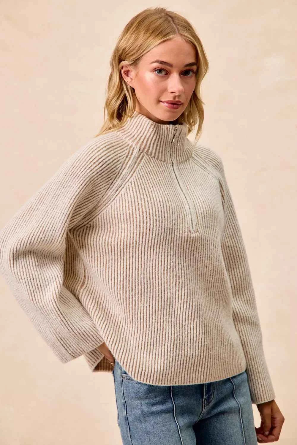 BiBi Two Tone Rib Texured Knit Collared Top with Zip Up BiBi Two Tone Rib Texured Knit Collared Top with Zip Up