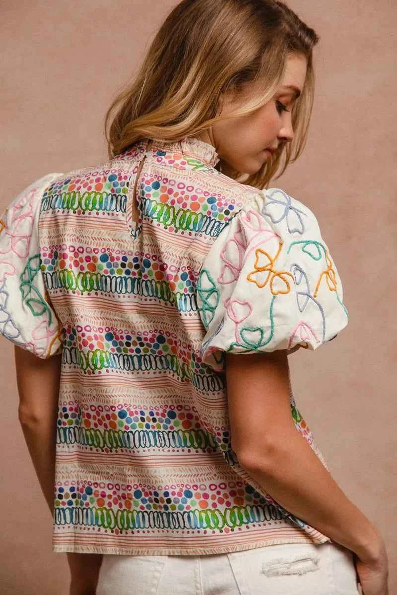 BiBi Ruffle Neckline Blouse With Embroidery Bubble Sleeve BiBi Ruffle Neckline Blouse With Embroidery Bubble Sleeve
