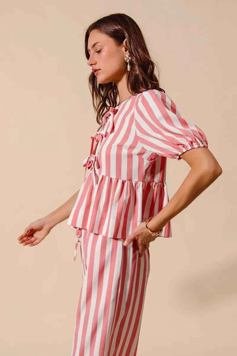 SO ME Front Tie Stripe Top With Puff Sleeves and Wide Leg Pants Set SO ME Front Tie Stripe Top With Puff Sleeves and Wide Leg Pants Set