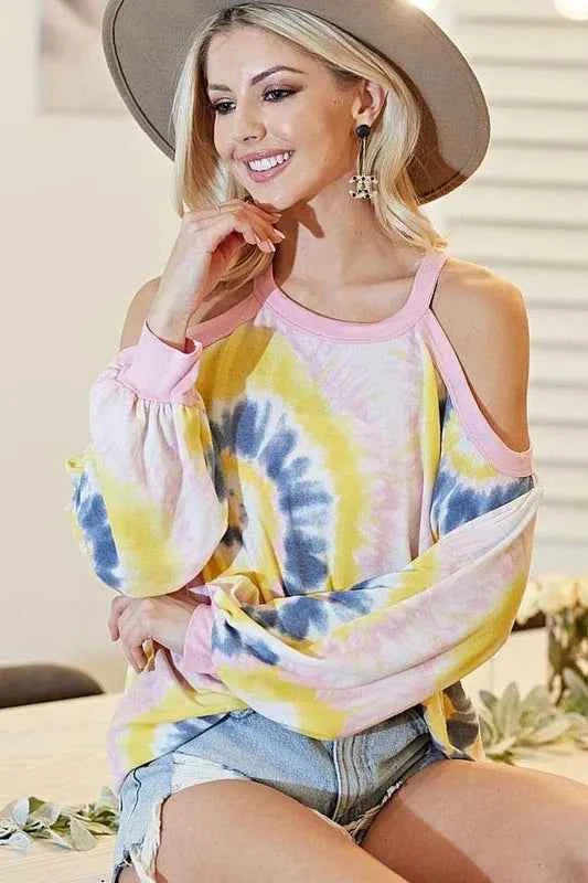 BiBi Tie Dye Print Terry Top with Cold Shoulder Detail BiBi Tie Dye Print Terry Top with Cold Shoulder Detail