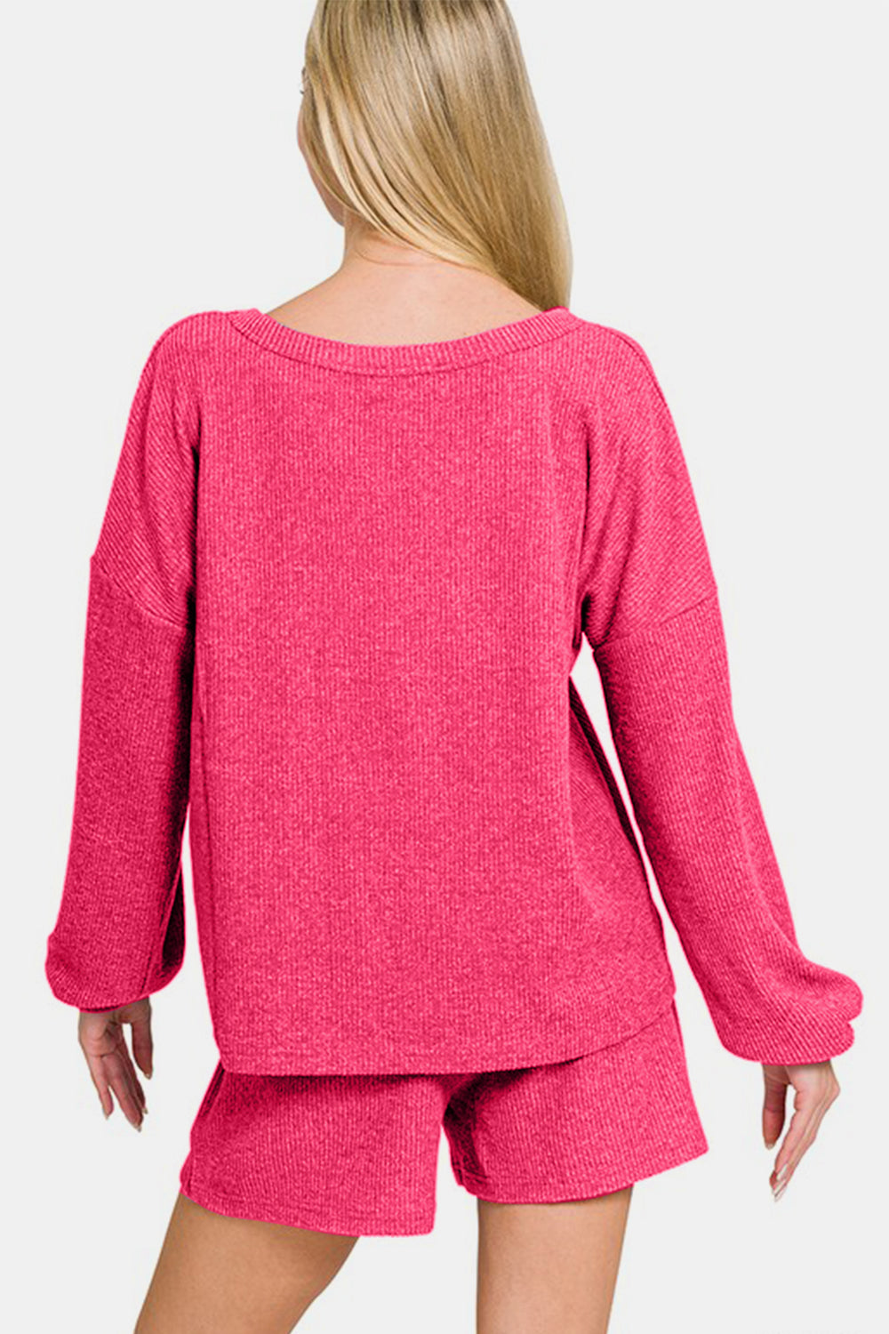 Zenana V-Neck Long Sleeve Ribbed Top and Shorts Set Zenana V-Neck Long Sleeve Ribbed Top and Shorts Set - TopFashionHQ